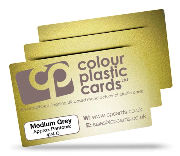 Medium grey - Approx Pantone: 424C - Note: Important wording printed with grey ink on a frosted plastic card may be hard to read