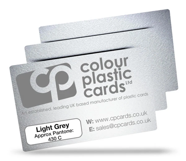 Light grey - Approx Pantone: 430C - Note: Important wording printed with grey ink on a frosted plastic card may be hard to read